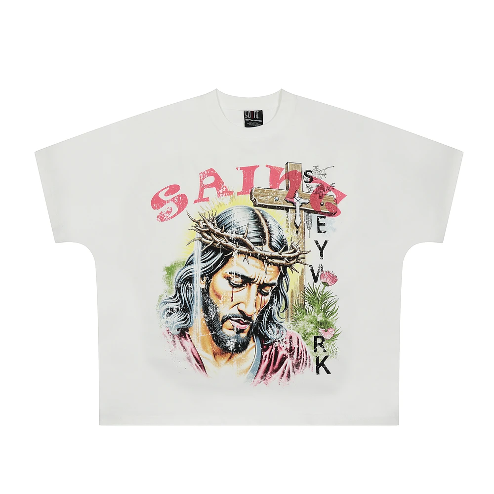 

2025ss SAINT Винтажная футболка с принтом «Иисус Шип Корона и крестом» для мужчин и женщин, футболка лучшего качества, футболки