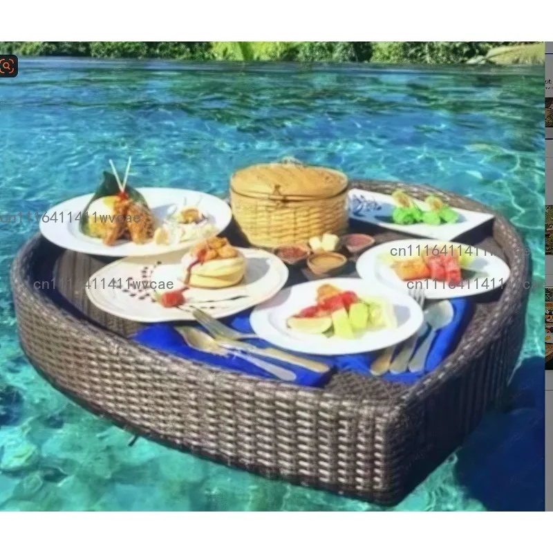 Pool Floating Tray Heart Shaped Basket Round Rattan 80x80x20cm For Hotel Swimming Pool Dining Snack Outdoor Water Accessory