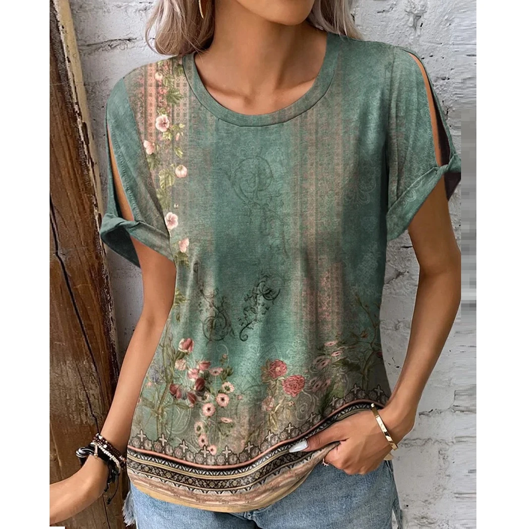 

2024 Women's O-Neck Floral Print Blouse Top Lady All Over Print Short Sleeve Casual T Shirts Fashion Summer New Clothing