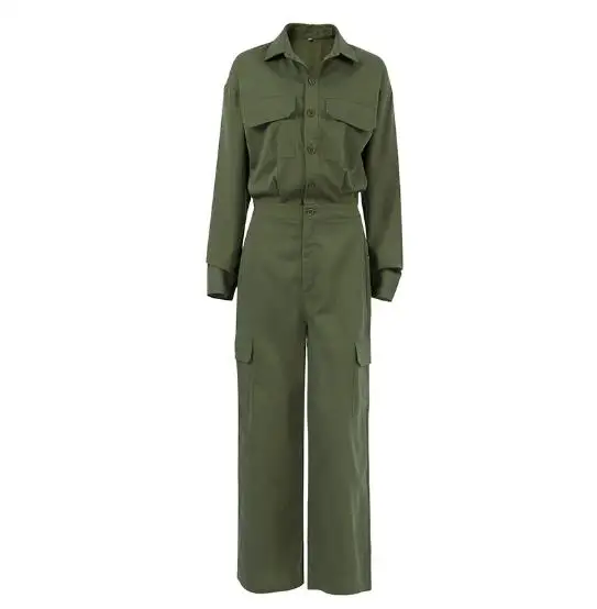 Jumpsuit Women 2025 Spring New Work Style Turn-Down Collar Long Sleeved High Waist Casual Pocket Straight-Leg Jumpsuit
