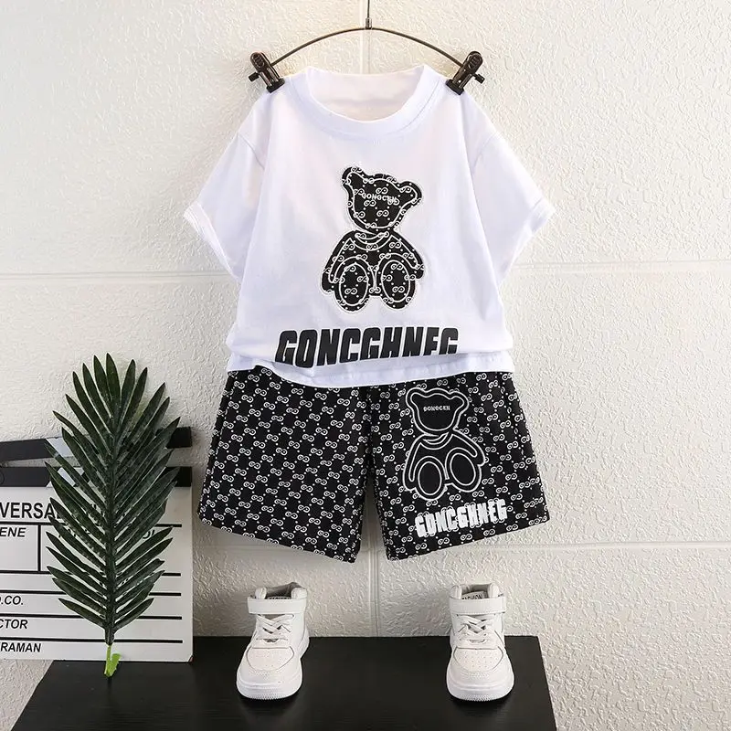 Summer Baby Girl Clothes Kid Boy Cartoon Bear T-Shirts Pants Suit Children Short Sleeve Top and Bottom 2 Pieces Set