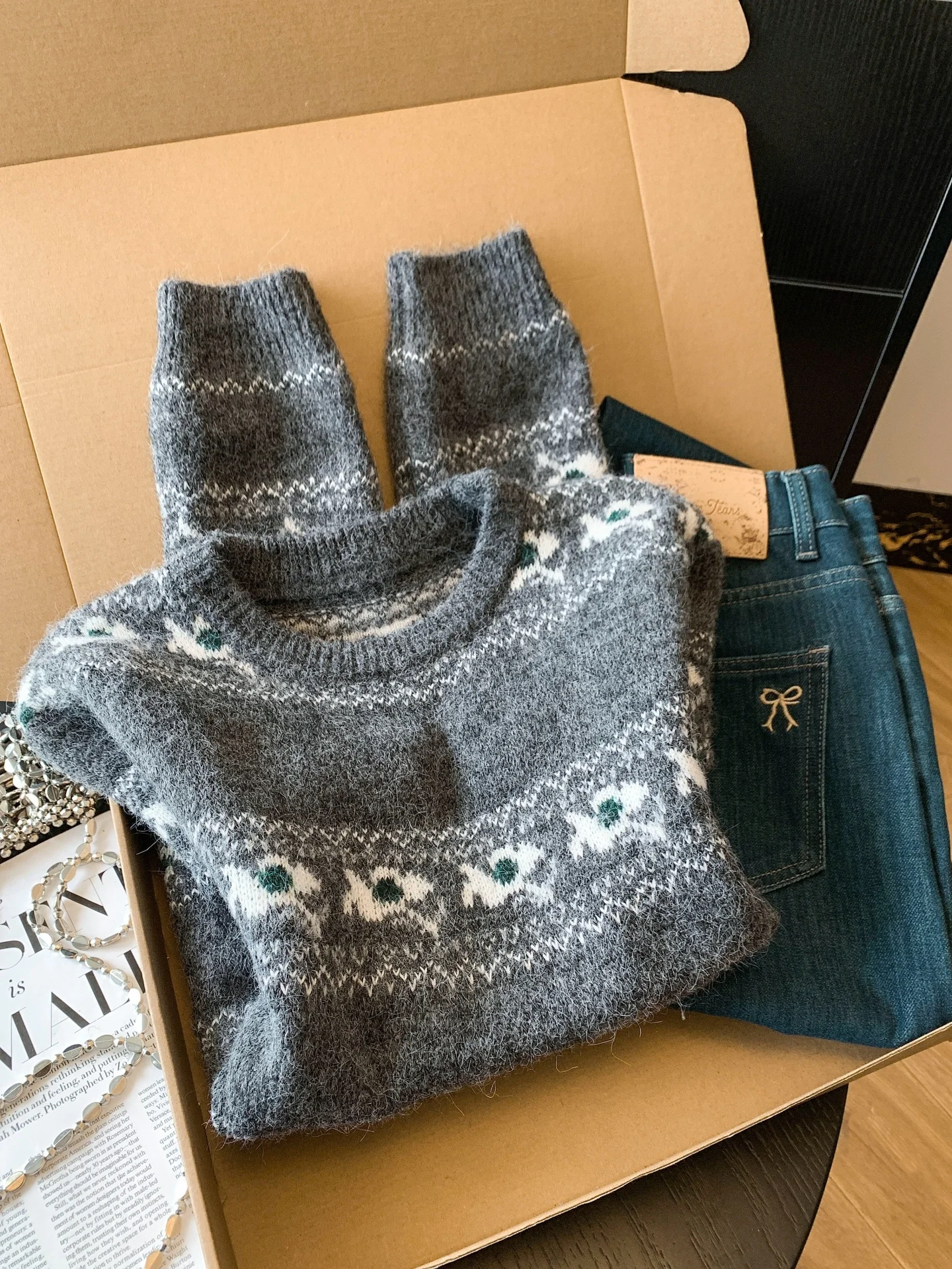 

Красный вязаный свитер Cisas, женский свободный круглый трикотаж с мотивом Ne Fair Isle, винтажный зимний удобный топ Lazy Sle