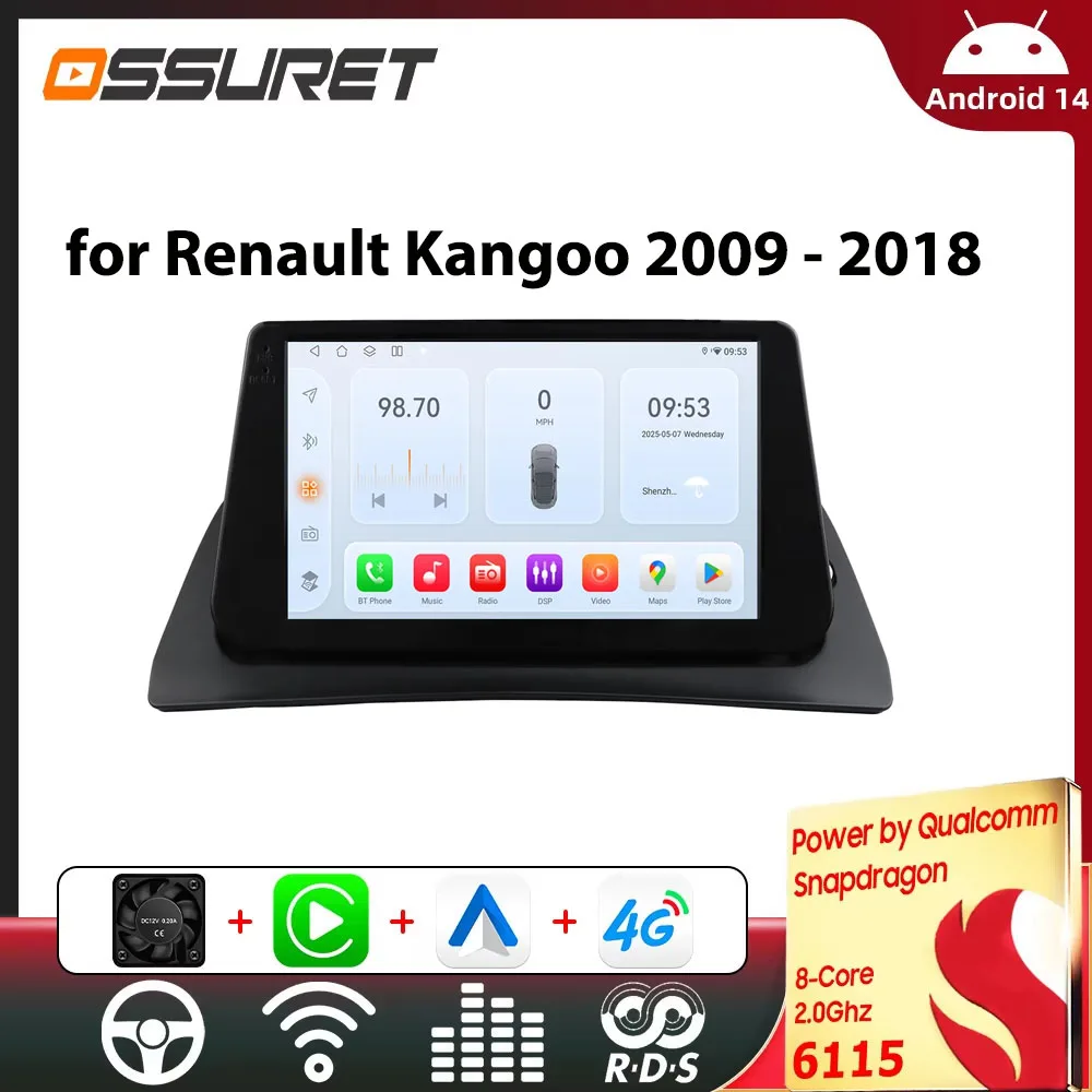 Autoradio Lettore Video Multimediale per Renault Kangoo 2009 - 2018 GPS Wireless Carplay Android Auto 2 Din WIFI di Snapdragon 6115