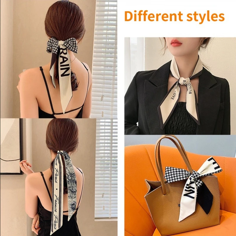 New Fashion Silk Scarf Hair Band Long Ribbon Bow Korean Printing Letter Hair Scarf Women Ponytail Holder Hair Accessories