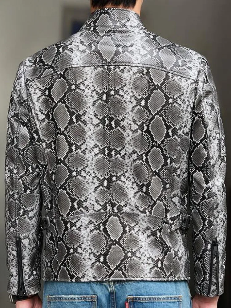 Youth Fashion Snake Pattern Zipper Genuine Leather Short Jacket Trendy Male Mix Color Long Sleeves Slim Sheepskin Outerwear