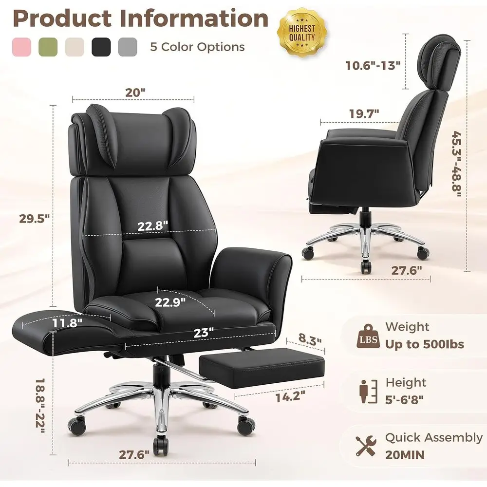 Big and Tall Oice Chair, lip Armrests or Pets & Legged Sitting, Ergonomic Leather Executive Desk Chair with oot Rest, High-Back