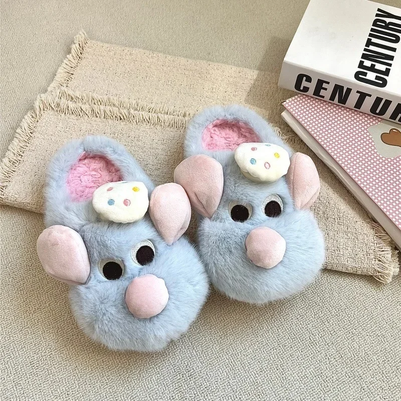 2026 New Autumn Winter Women Mouse Cotton Slippers Thickened Warm Furry Non Slip Indoor Outdoor Plush Home Slippers