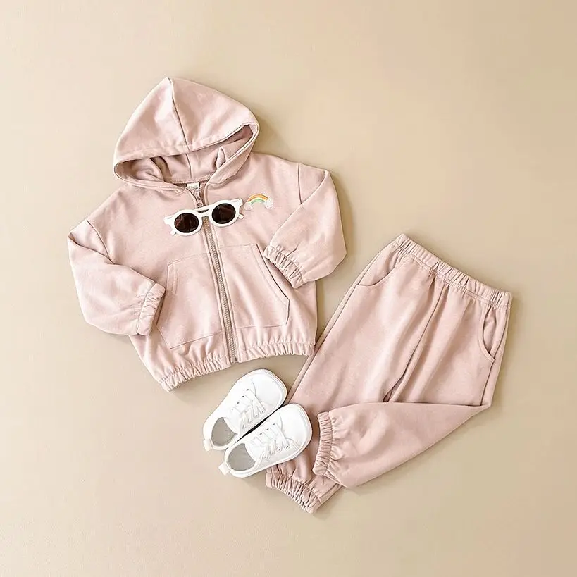 

2024 Spring Girls Hoodie Newborn Set Long Sleeve+Sports Pants Sports Shirt Boy Leisure Rainbow Embroidered Zipper Baby Clothes