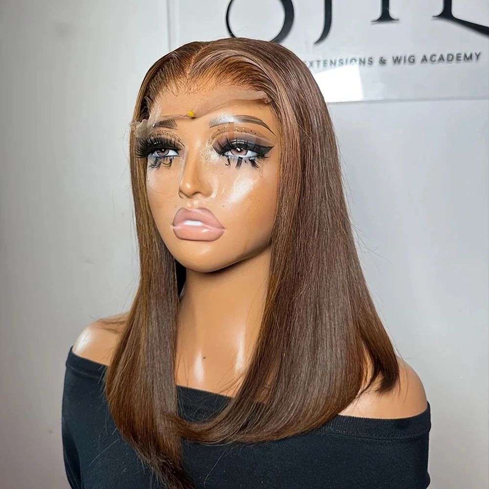 300 Density Chocolate Brown Bone Straight Bob 13x4 Lace Frontal 100% Human Hair Wigs Colored Short 2x6 Closure Lace Front Wig