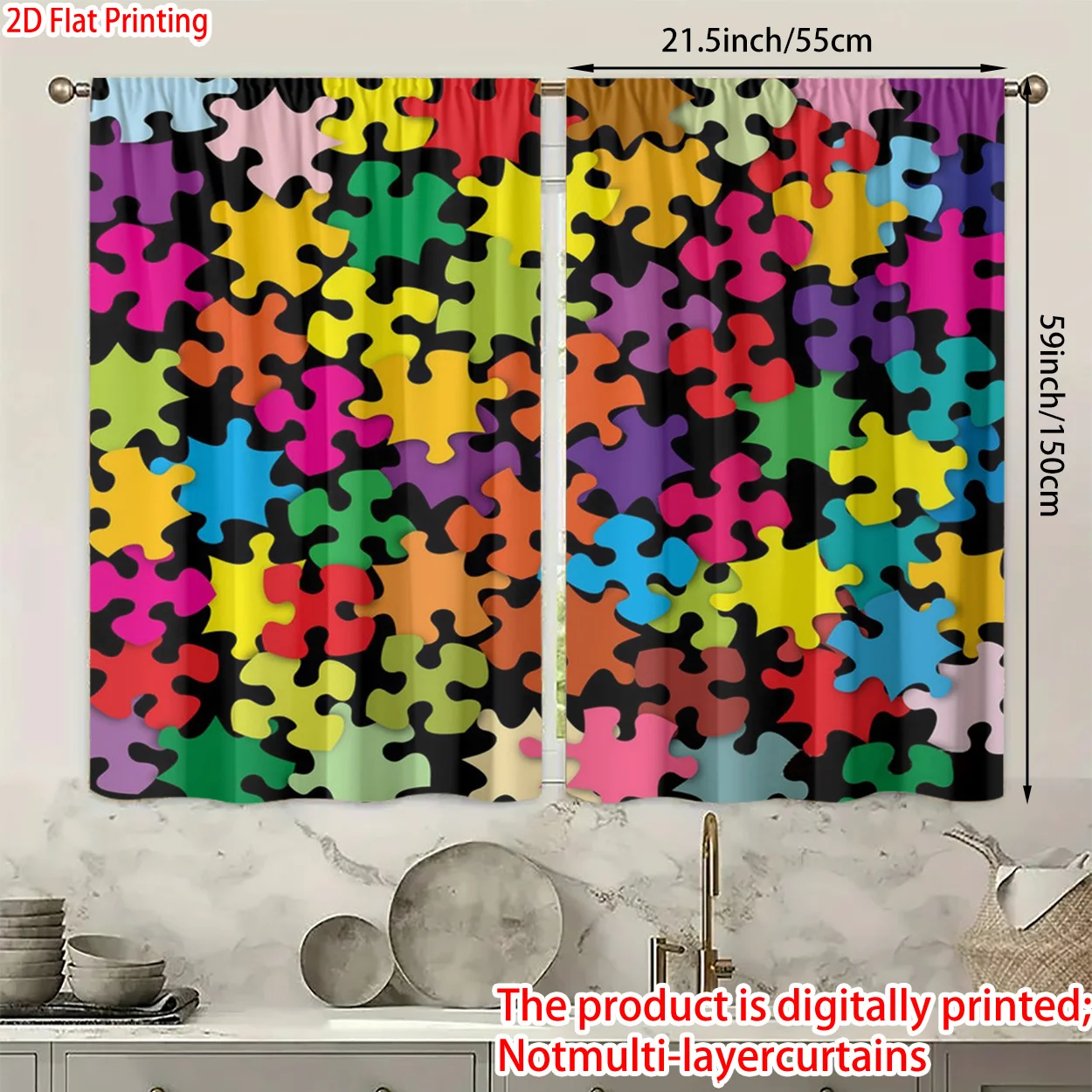 Colorful puzzle piece patterns Print Drapes Room Darkening Window Curtains for Home Decor,Rod Pocket Blackout Curtains Bedroom