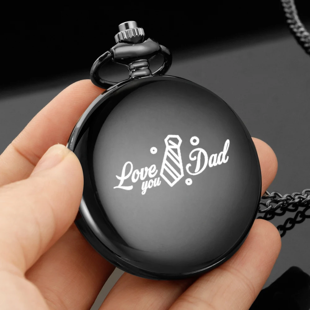 Love you,Dad-fashion design carving english alphabet face pocket watch a belt chain Black quartz watch, regalo perfecto para el Día del Padre