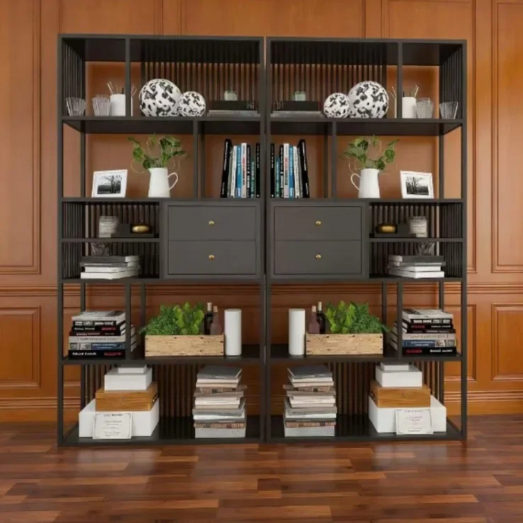 Simple modern office partition shelf screen solid wood bookcase living room creative Nordic wrought iron bookshelf floor