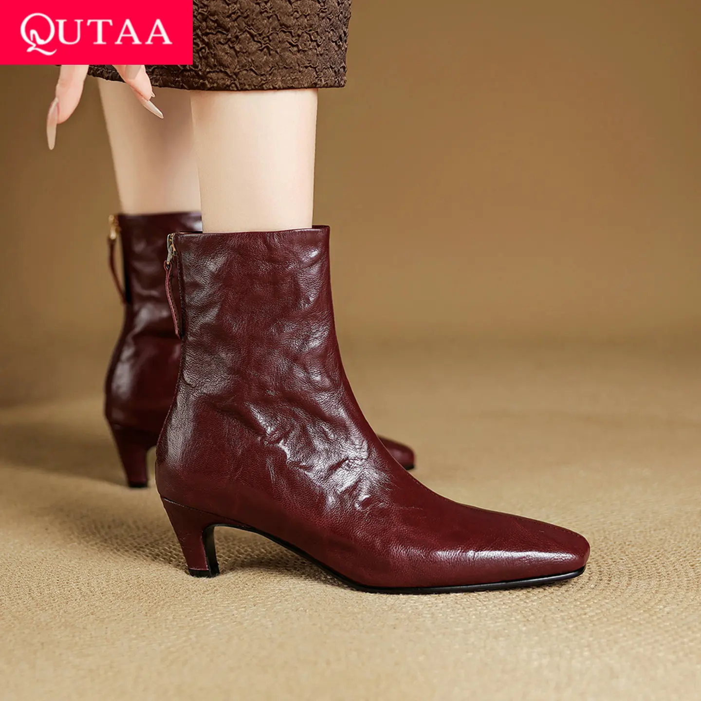 

QUTAA 2026 Fashion Women Ankle Boots Winter Shoes Sheepskin Leather Autumn High Heels Zipper Square Toe Short Boots 34-40