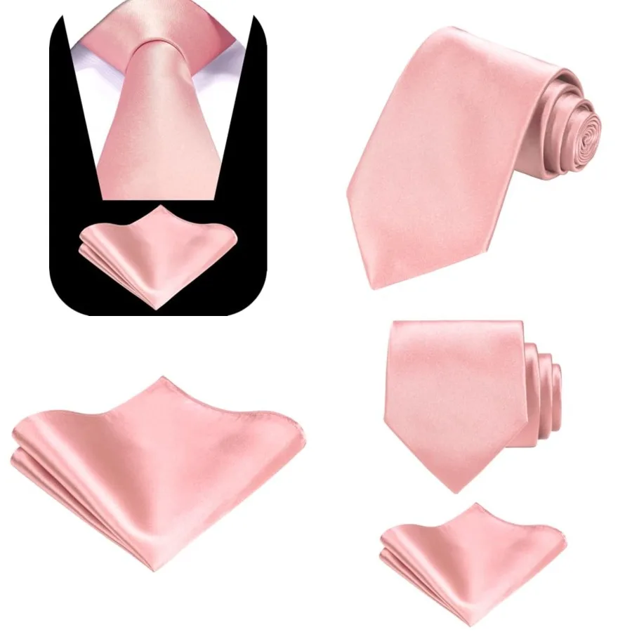 Conjunto de corbata y pañuelo de bolsillo formales de satén teñido en color negro en caja de regalo, rosa empolvado