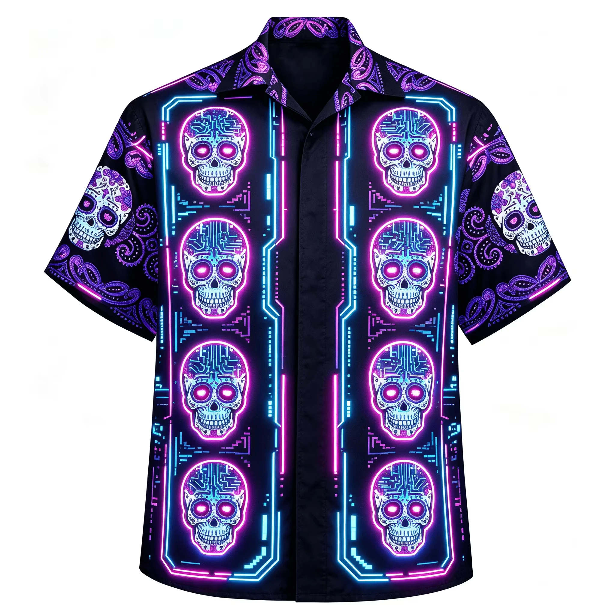 

2026 New Men's Lightweight Button Short Sleeve Shirt Vacation Style Skull Printed T-shirt Adult Outdoor Sports Quick Drying Top