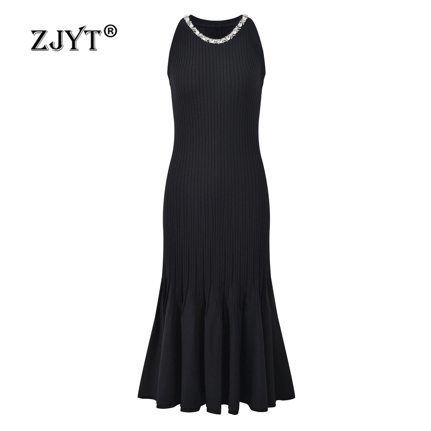 

ZJYT Elegant Luxury Diamonds Black Knitting Dresses for Women 2024 Autumn Sleeveless Midi Evening Party Dress Female Vestidos