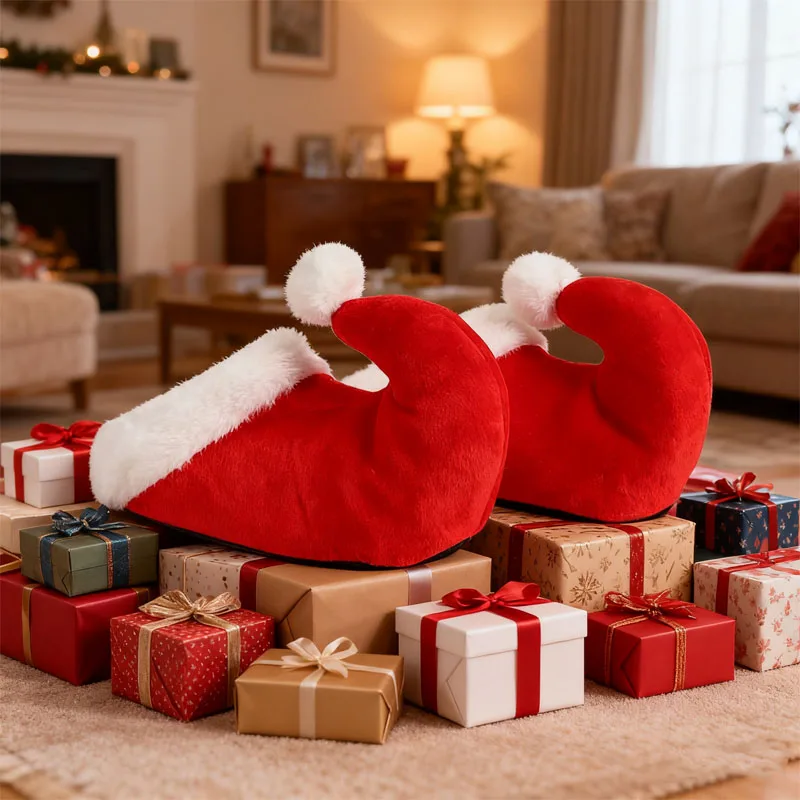 Christmas Themed Red Cotton Slippers Cute Plush Santa Claus Elf Design Indoor Footwear for Home Decoration Holiday Accessory