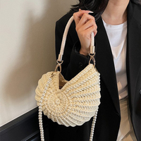 Hand-woven Bag Women's Seaside Conch Shell Messenger Bag Cute Pearls Chains Handmade Weave Crossbody Bag Novelty Small Handbags