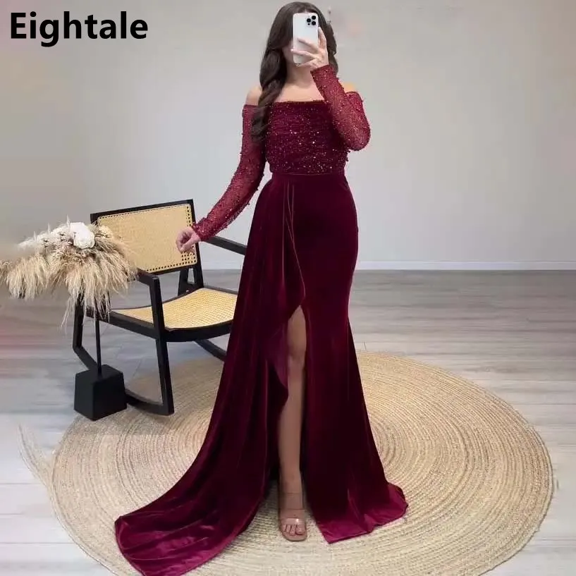 

Eightale Burgundy Mermaid Evening Dresses For Wedding Party Long Sleeve Sequined Formal Prom Dress Dubai Party Gown Customized