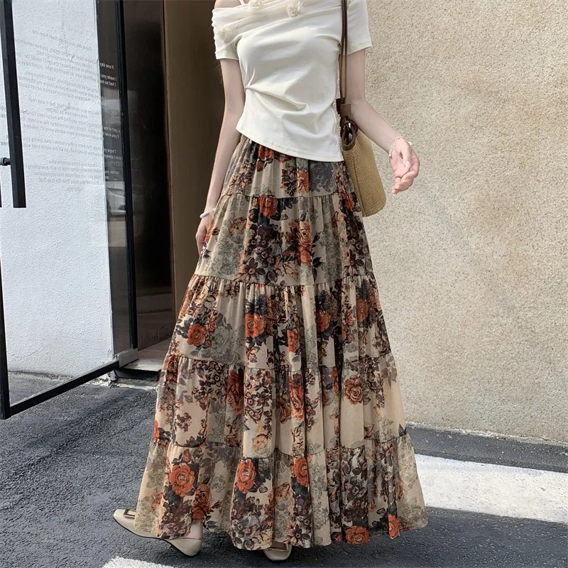 Retro Color Block Floral Print Half Skirt Women's Pleated Chiffon Gown High Waist Fashionable Floaty Cake Style Long Skirt