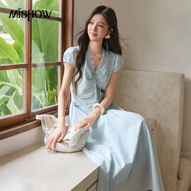 

MISHOW Women's 100% Cotton Midi Dress 2026 Summer Ruffle V Neck Lace-up Waist Puff Sleeve A-line Casual Long Dresses MXF28L2741