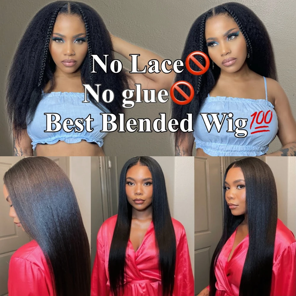 Unice cabelo kinky reta v parte peruca mistura sem costura cabelo humano clip-in peruca com cordão 150% densidade