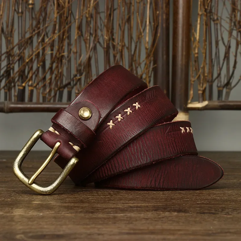 Cinturón de cuero de vaca genuino para hombre, hebilla de latón de alta calidad, 3,3 CM, diseño de moda