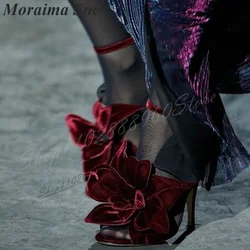 Luxury Red Suede Flower Decor Catwalk Sandals Thin High Heel Women Shoes Ankle Buckle Strap Peep Toe 2024 Zapatos Para Mujere