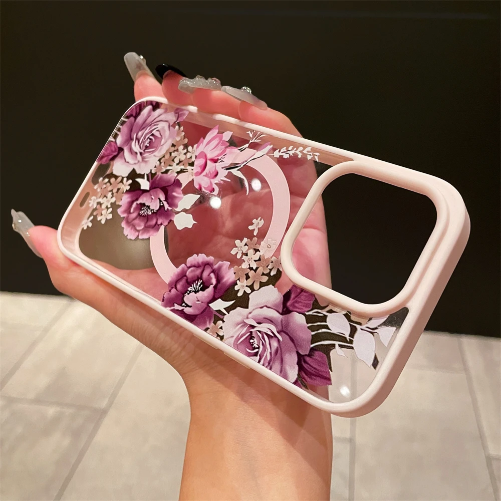 Luxury Retro Flowers Floral Magnetic For Magsafe Wireless Charging Case For iPhone 16 15 11 12 13 14 Pro Max Shockproof Cover