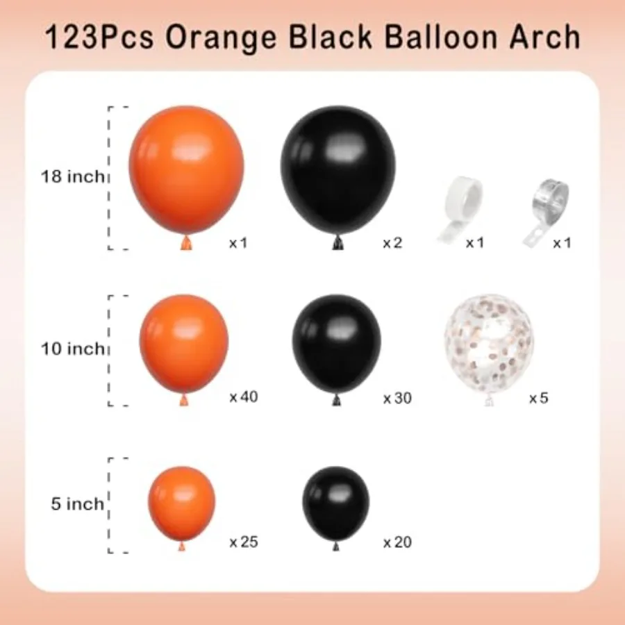 Zestaw girlandy z balonów w kolorze pomarańczowo-czarnym, 123 szt., balony z konfetti w kolorze pomarańczowo-czarnym, metaliczne, na urodziny, rocznicę, Nowy Rok, baby shower