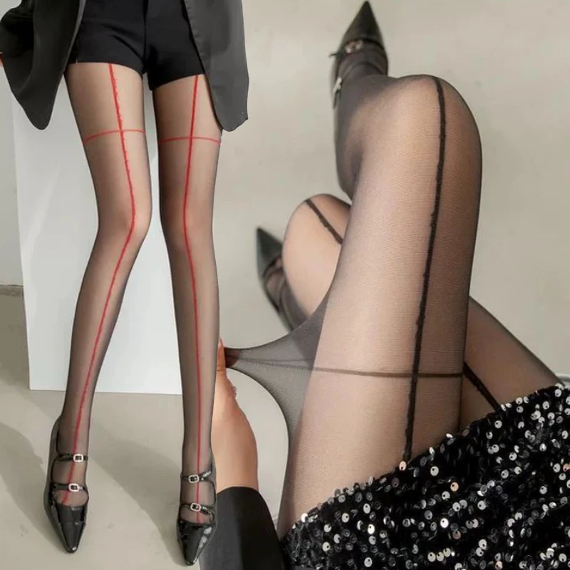 Black Red Crossed Striped Line Pantyhose Pure Desire Silk Stockings Sexy Women Splice Line Pattern Seamless Nylon Elastic Tights