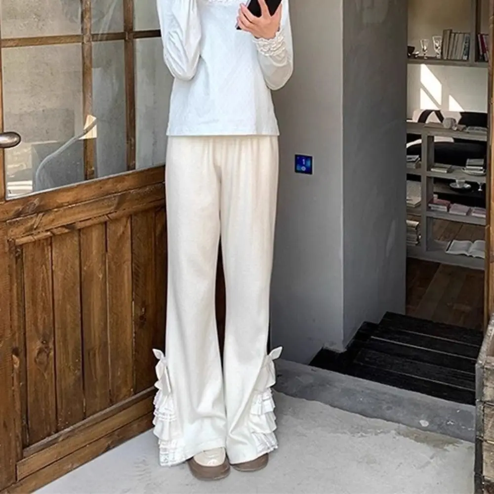 

Свободные вельветовые брюки для молодых женщин с высокой талией, повседневные расклешенные брюки с кружевом и бантом, мешковатые милые широкие брюки для вечеринок