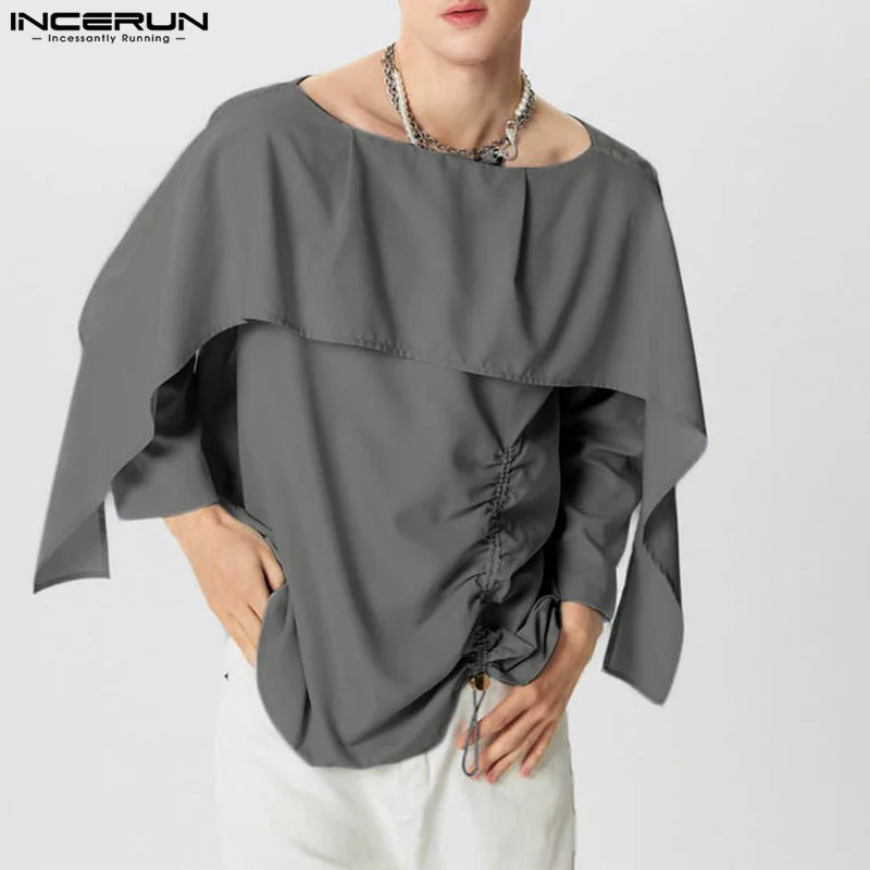 

INCERUN Men Shirt Solid Color Boat Neck Collar Long Sleeve Ruffle Drawstring Men Clothing Streetwear 2024 Fashion Casual Camisas