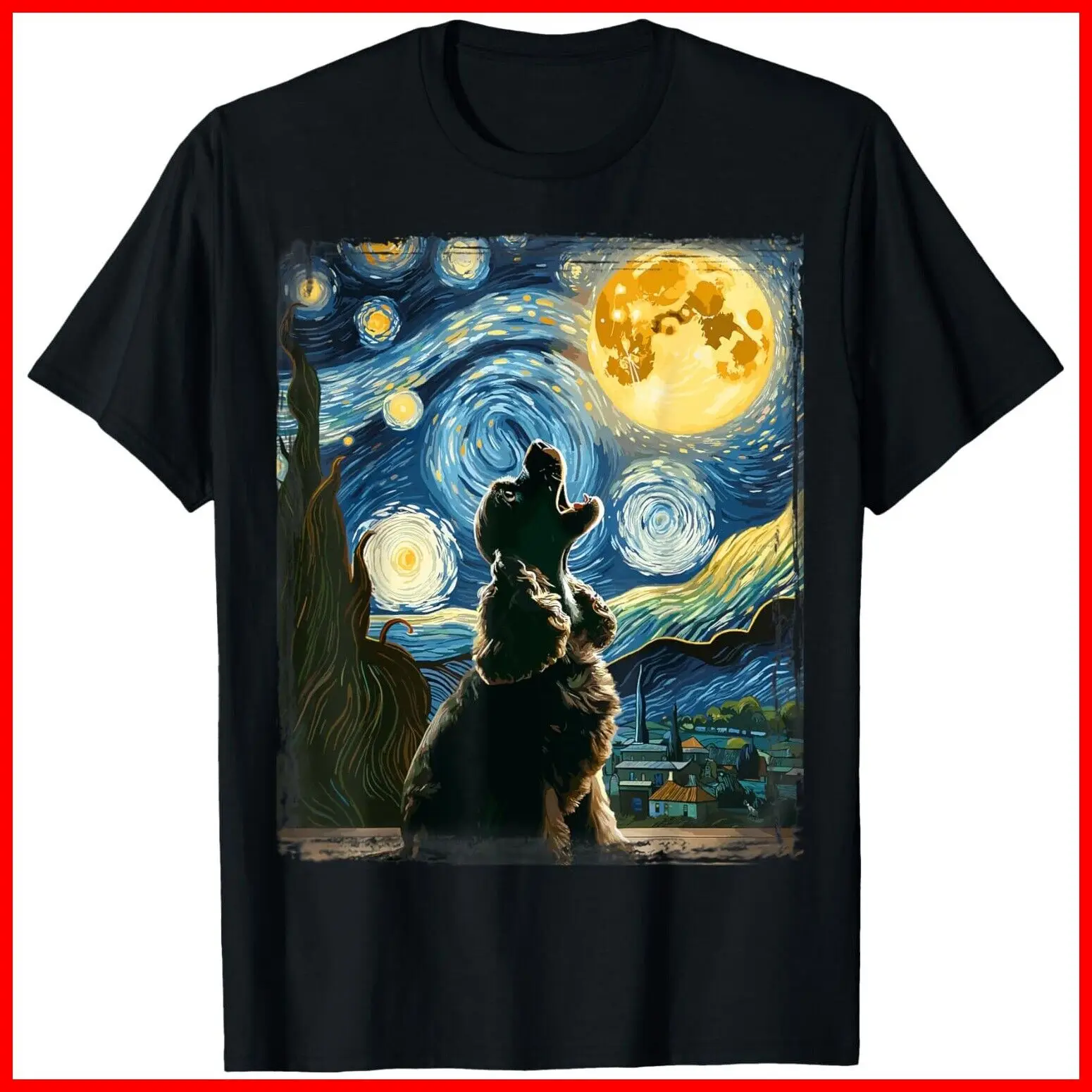 Cocker Spaniel Dog Art Van Gogh Starry Night Cocker Spaniel Black Cotton T-Shirt