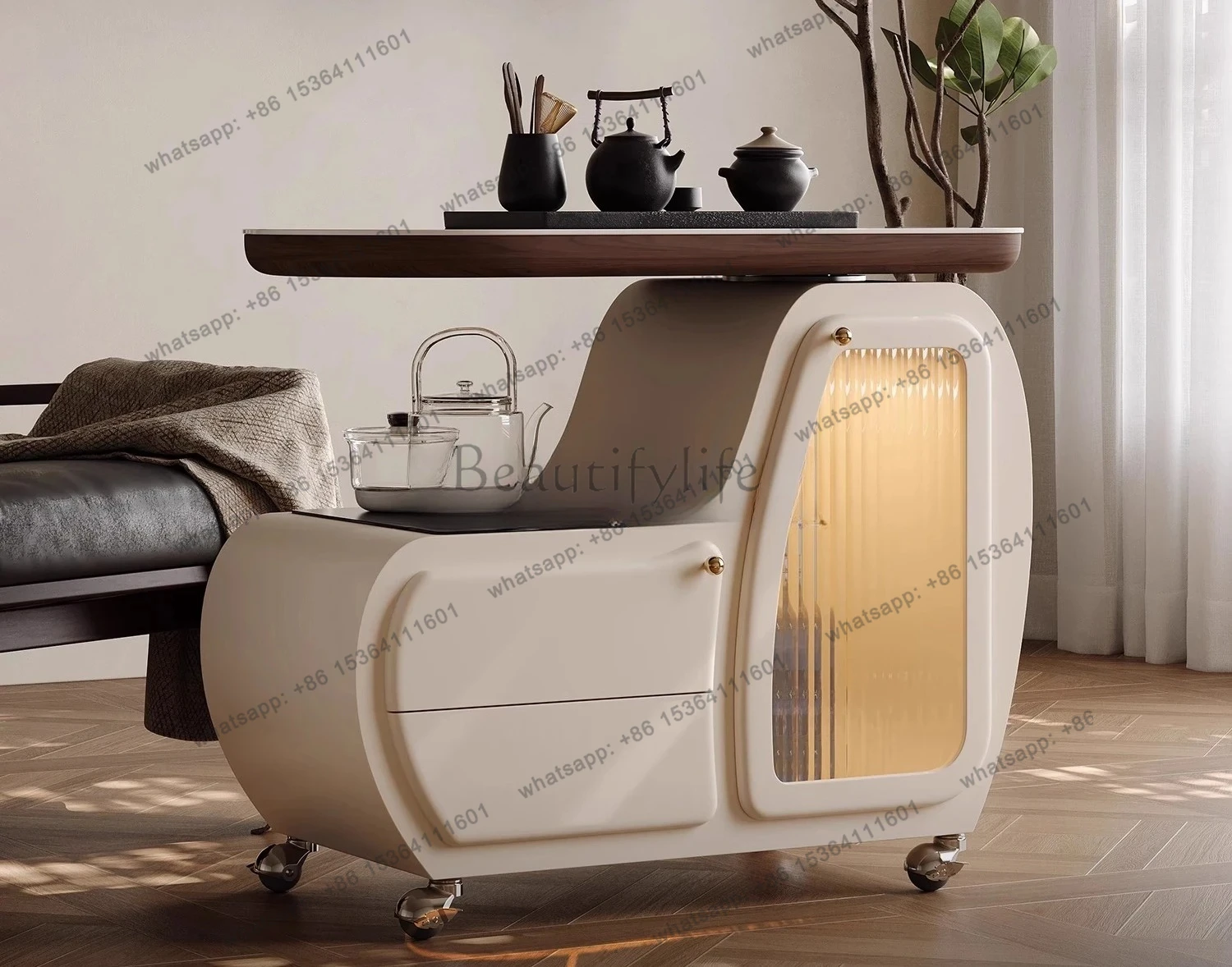 removable rotating tea table with kettle rock slab balcony living room cream wind trolley tea table side cabinet