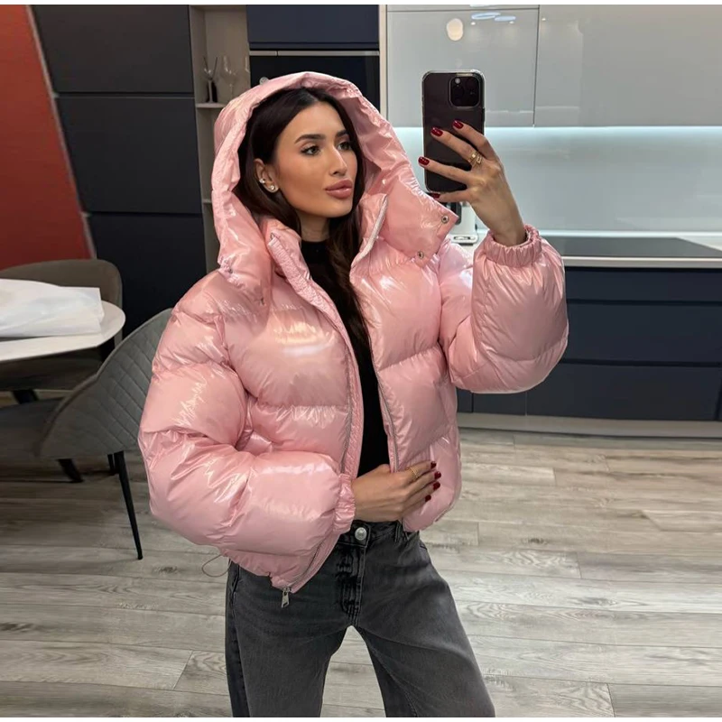 Glossy Cropped Hooded Puffer Coat Drawstring Hem Zip-Up 2026 Winter Women Warm Padded Jacket Warm Causal Lady Cotton‑Padded Coat