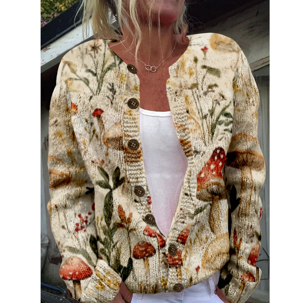 Women Milled Pit Mushroom Print Button Long Sleeve Lady Casual Extensions Cardigan Yellow Jacket Coat