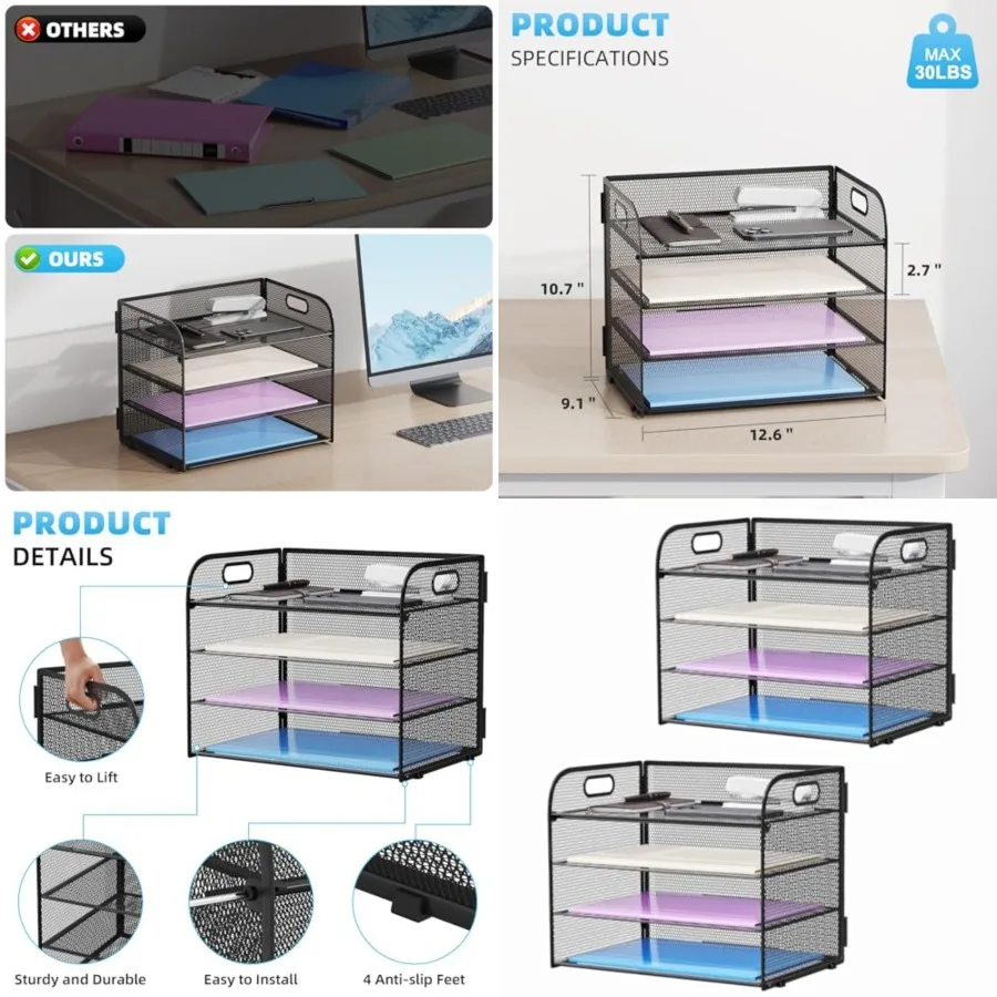 

2 Pack 4 Tier Paper Organizer Letter Tray - Mesh Desk File Organizer with Handle, Paper Sorter Organizer for Letter/A4 Office F