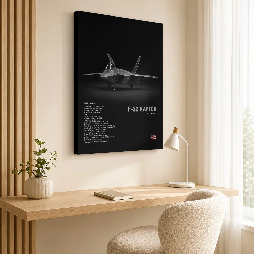 F-22 Raptor Stealth Aircraft Canvas Print With Wooden Frame Personalized Photo Annotated Technical Linework Wall Art For Study
