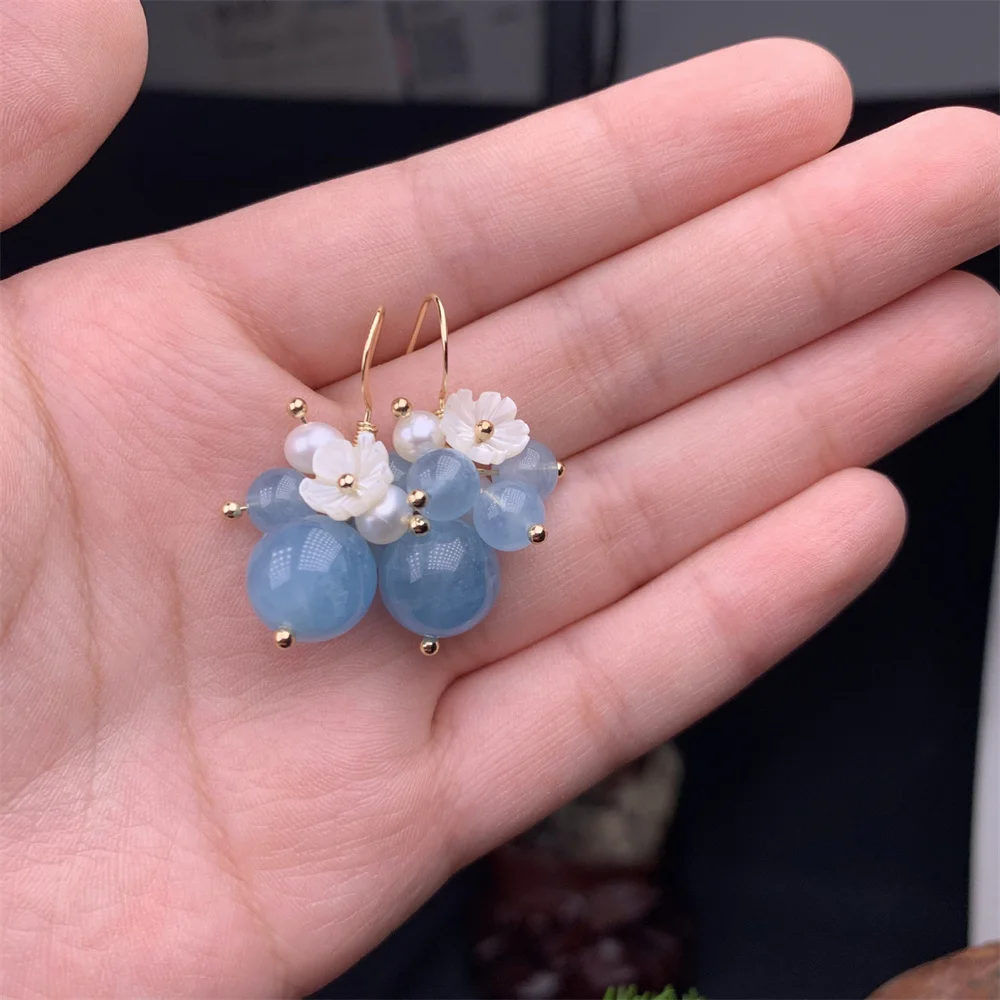 Charm Blue Red GemstoneShell Flower Drop Earrings Vintage Chinese Stone Gem Earrings for Women Trendy Luxury Jewelry Gift