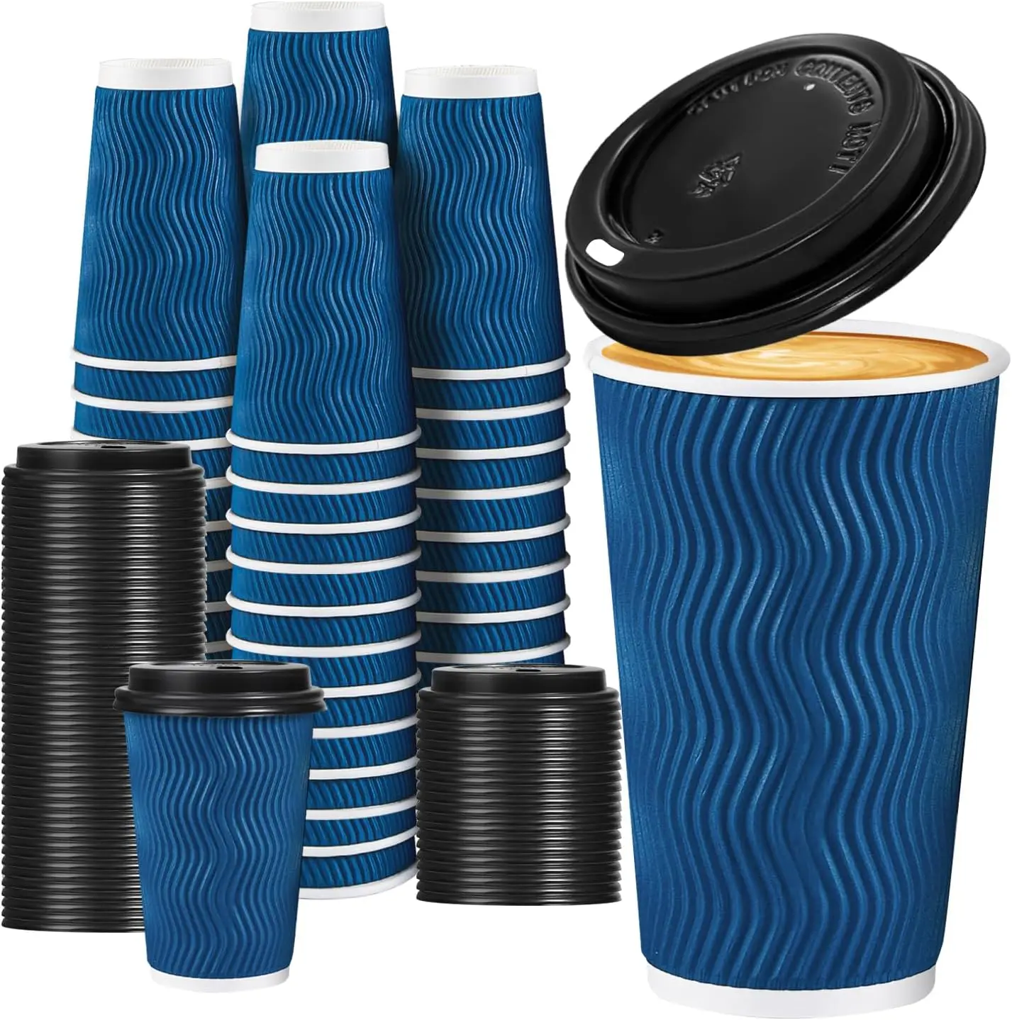 

16 OZ Disposable Coffee Cups with Lids 50 Pack, Paper Insulated Corrugated Ripple Wall Cup for Hot Beverages