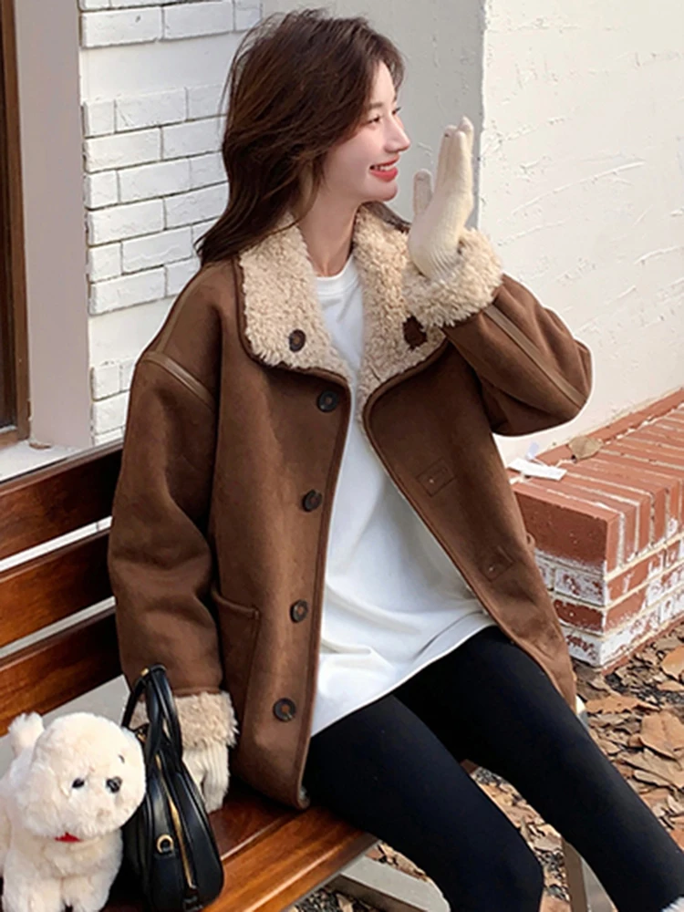 LANMREM Vintage Style Double Sided Fur Jackets Women\'s Winter Warm Contrast Color Single Breasted Coat Fashion New 2VV1838