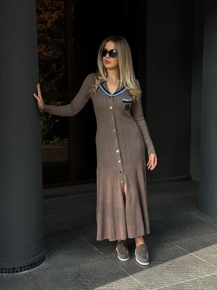 Long Sleeve Knitted Dress Women Fashion Embroidery Single Breasted Lapel Slim Elegant Chic Dresses Streetwear Sweater Vestidos