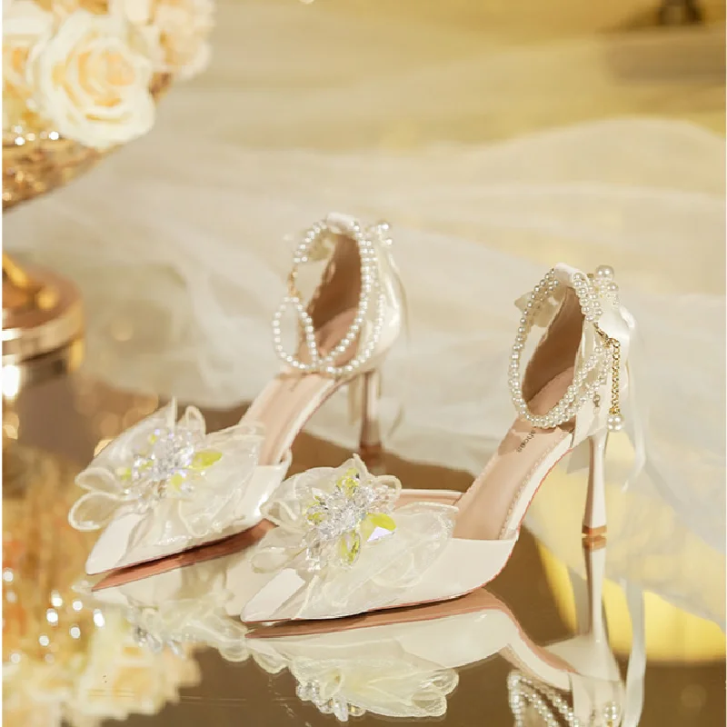 Spring/summer Korean Fashion Pointed Beaded Flower Shallow Mouth Thin Heel High Heel Single Shoes Lolita Wedding Shoes