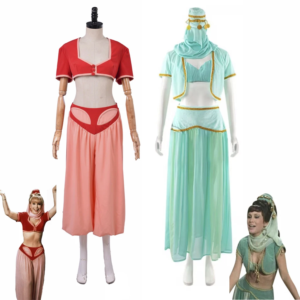 I Dream of Jeannie Jeannie and Jeannie II Green Dress Cosplay Costume Barbara Eden Dancer Outfits Female Halloween Costume