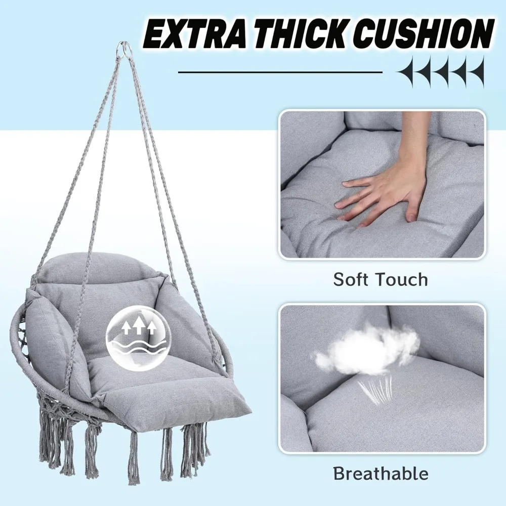 كرسي أرجوحة مكرامية مبطن كبير الحجم - مثالي لغرف النوم والشرفات والأطفال والكبار والشرفات - رمادي #2