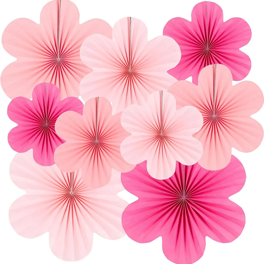 Paper Decoration, Set of 9 -Hot Pink Flower Hanging Ornaments,Party Fans & Floral Backdrop for Weddings,Baby Showers,Birthdays