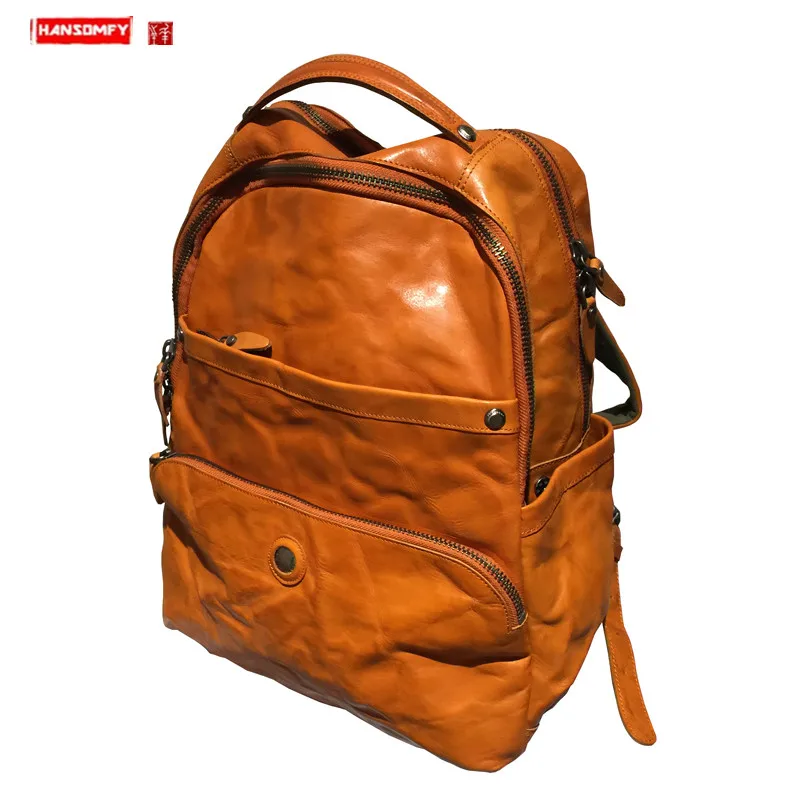 

Vegetable Tanned Leather Men's Backpack Men Retro Genuine Leather Large Capacity Laptop Bag Male Travel Backpacks Water Dyeing