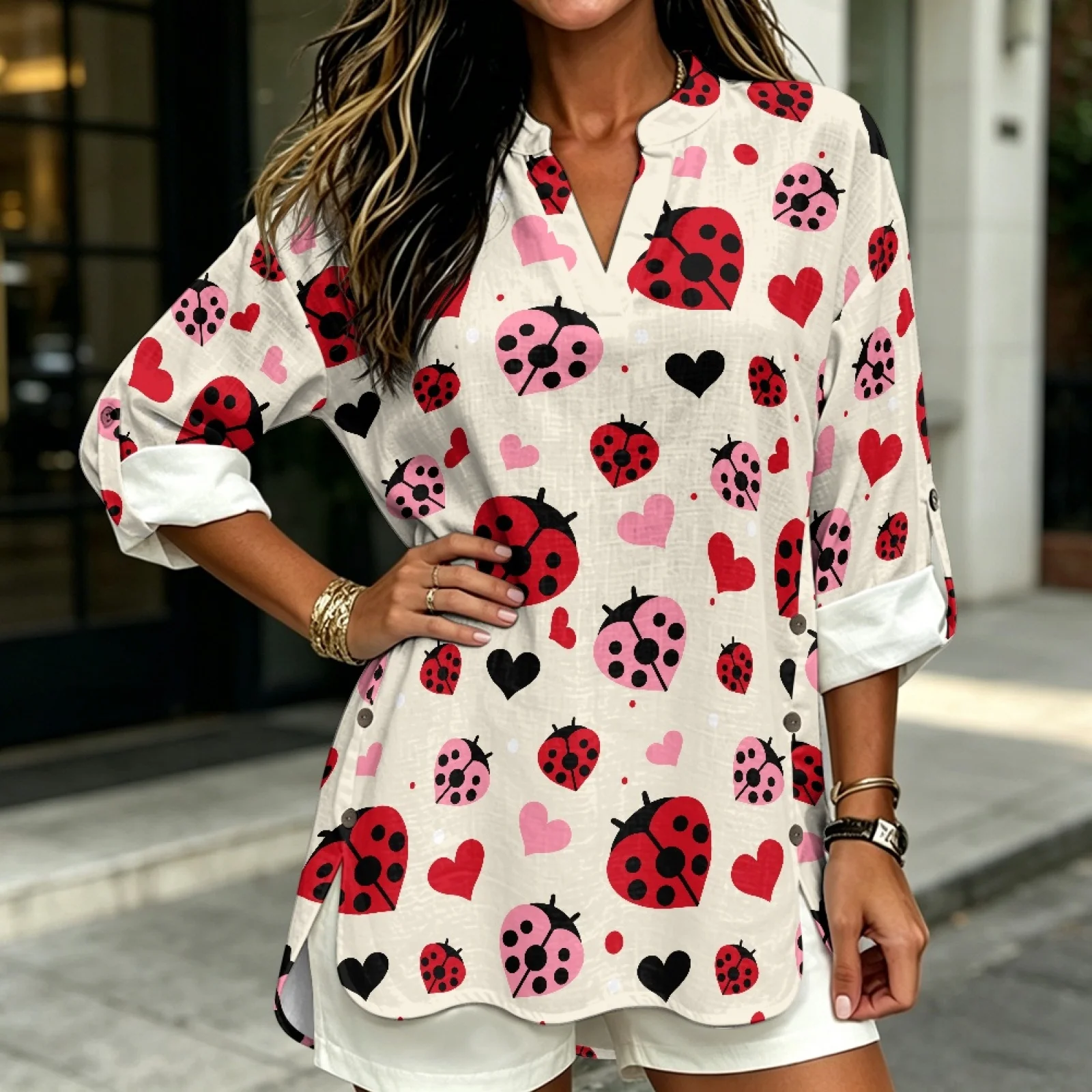 PENSTROLL Ladybug Hearts Linen Style Blouses for Women Lightweight Long Sleeve Shirts for Daily Wear Sizes S-5XL