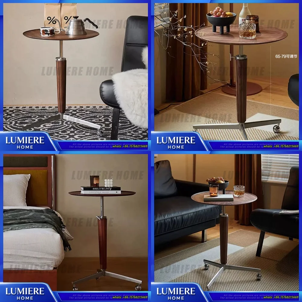 

Retro Solid Wood Round Coffee Table Living Room Side Table Adjustable Height Mobile End Table Stainless Steel Home Furniture